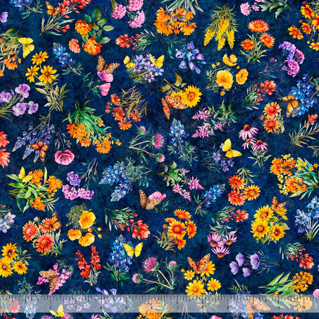 Cotton Print Texas Wildflowers Navy Fabric 44/45