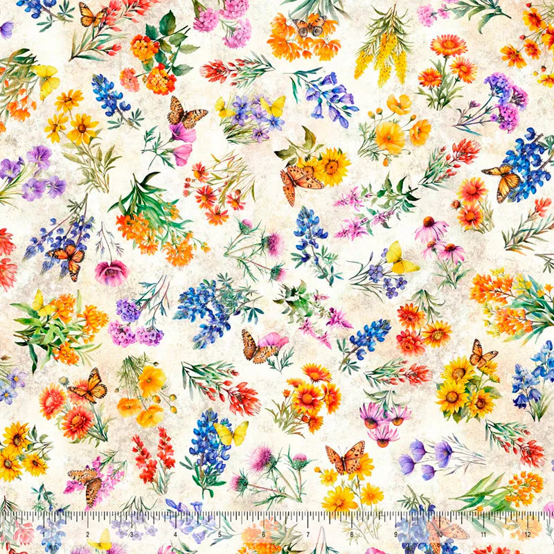 Cotton Print Texas Wildflowers Oatmeal Fabric 44/45"