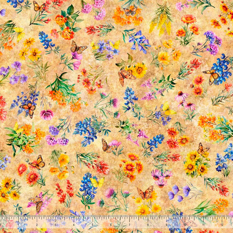 Cotton Texas Wildflowers Tan Fabric 44/45"