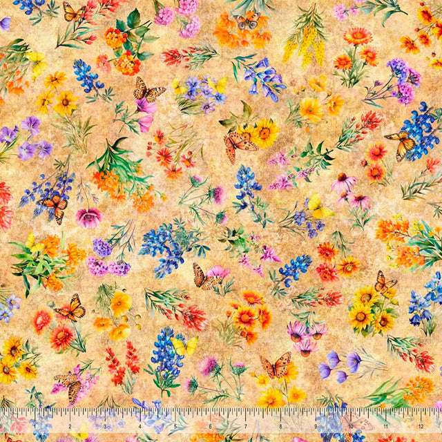 Cotton Texas Wildflowers Tan Fabric 44/45"