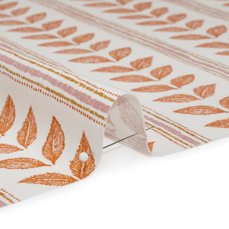 Cotton Canvas Print - Tangerine Leaves and Stripes - British Imported