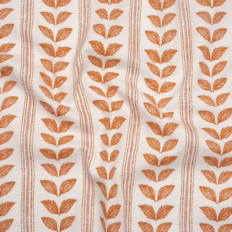 Cotton Canvas Print - Tangerine Leaves and Stripes - British Imported