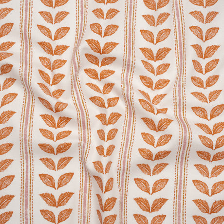 Cotton Canvas Print - Tangerine Leaves and Stripes - British Imported