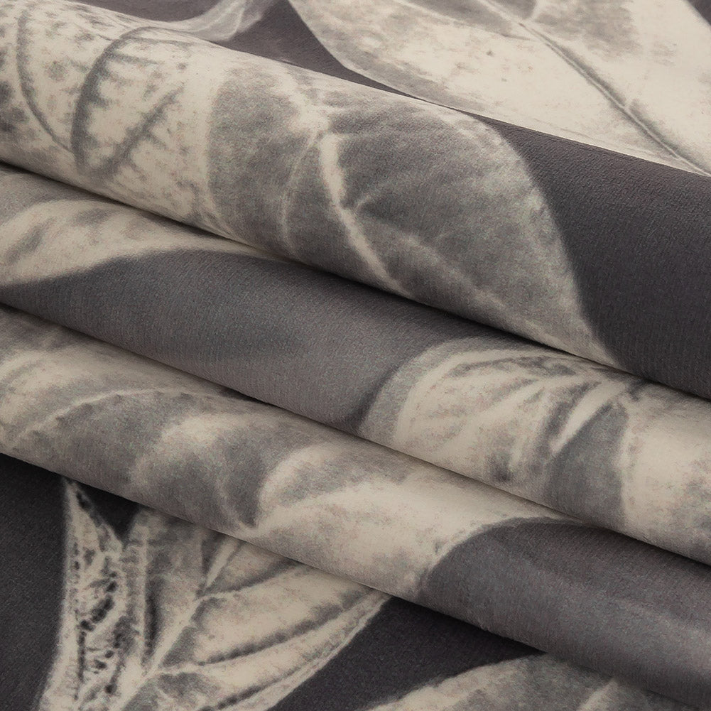 Polyester Knit Microvelvet Print - Slate Floating Leaves - British Imported