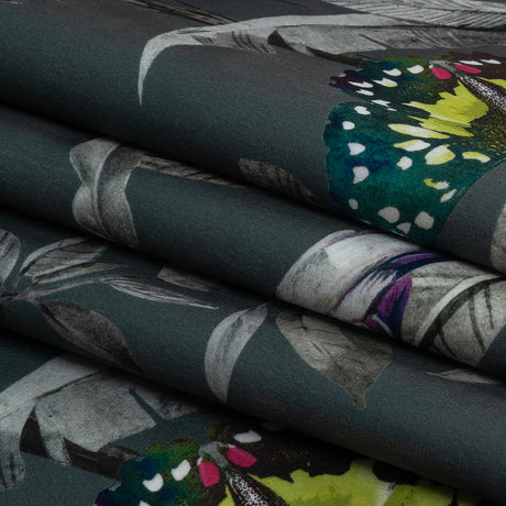 Polyester Microvelvet Print - Slate Tropical Birds and Butterflies - British Imported