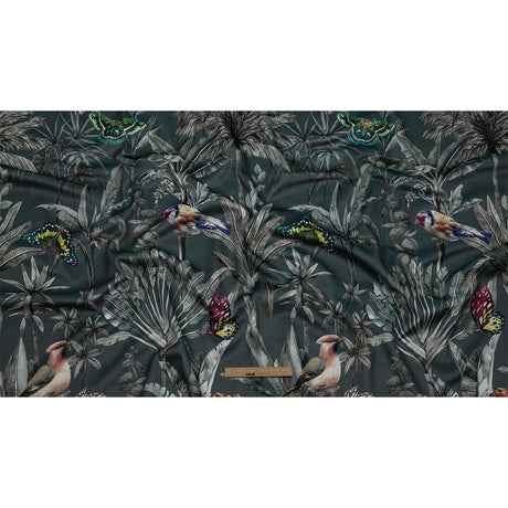 Polyester Microvelvet Print - Slate Tropical Birds and Butterflies - British Imported