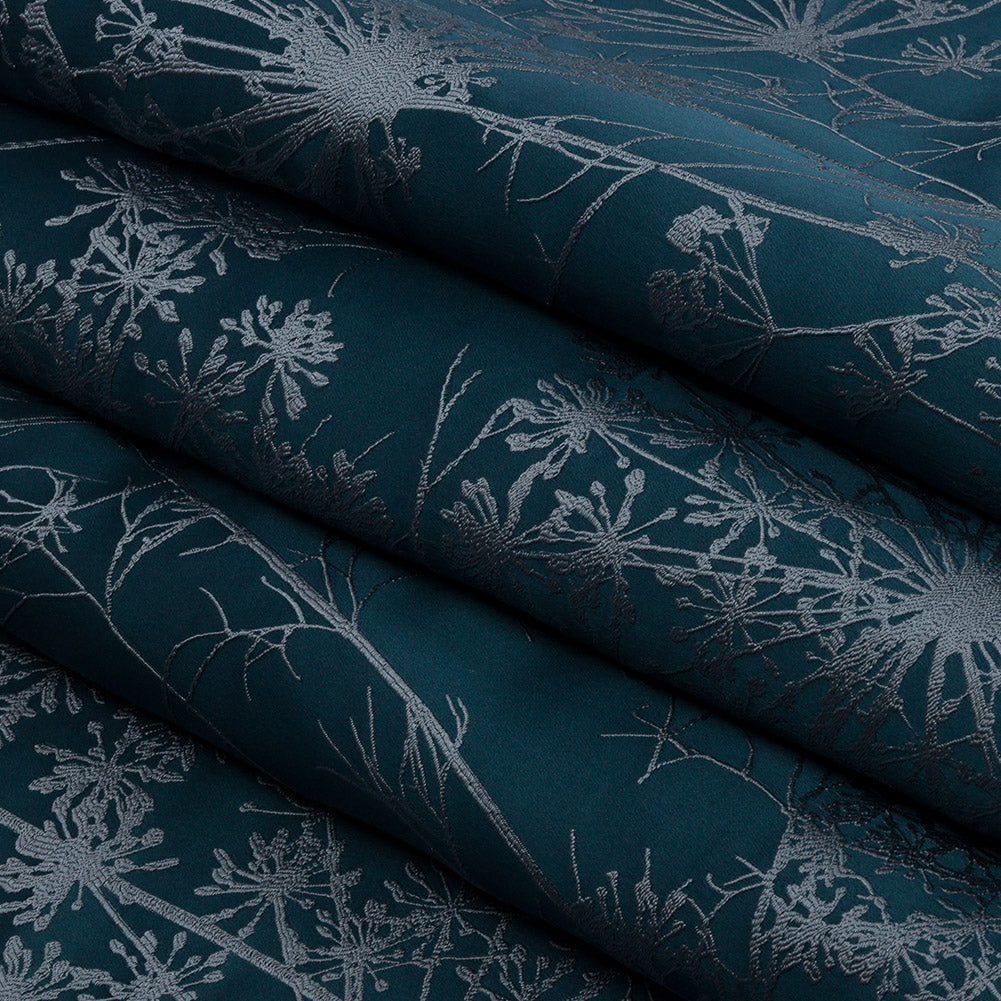 Satin-Faced Drapery Jacquard - Navy Fennel Flowers - British Imported