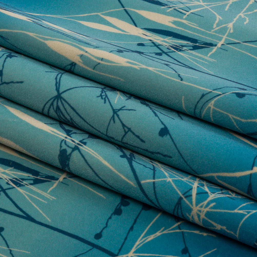 Printed Polyester Velvet - French Navy Meadow Grass Ombre - British Imported