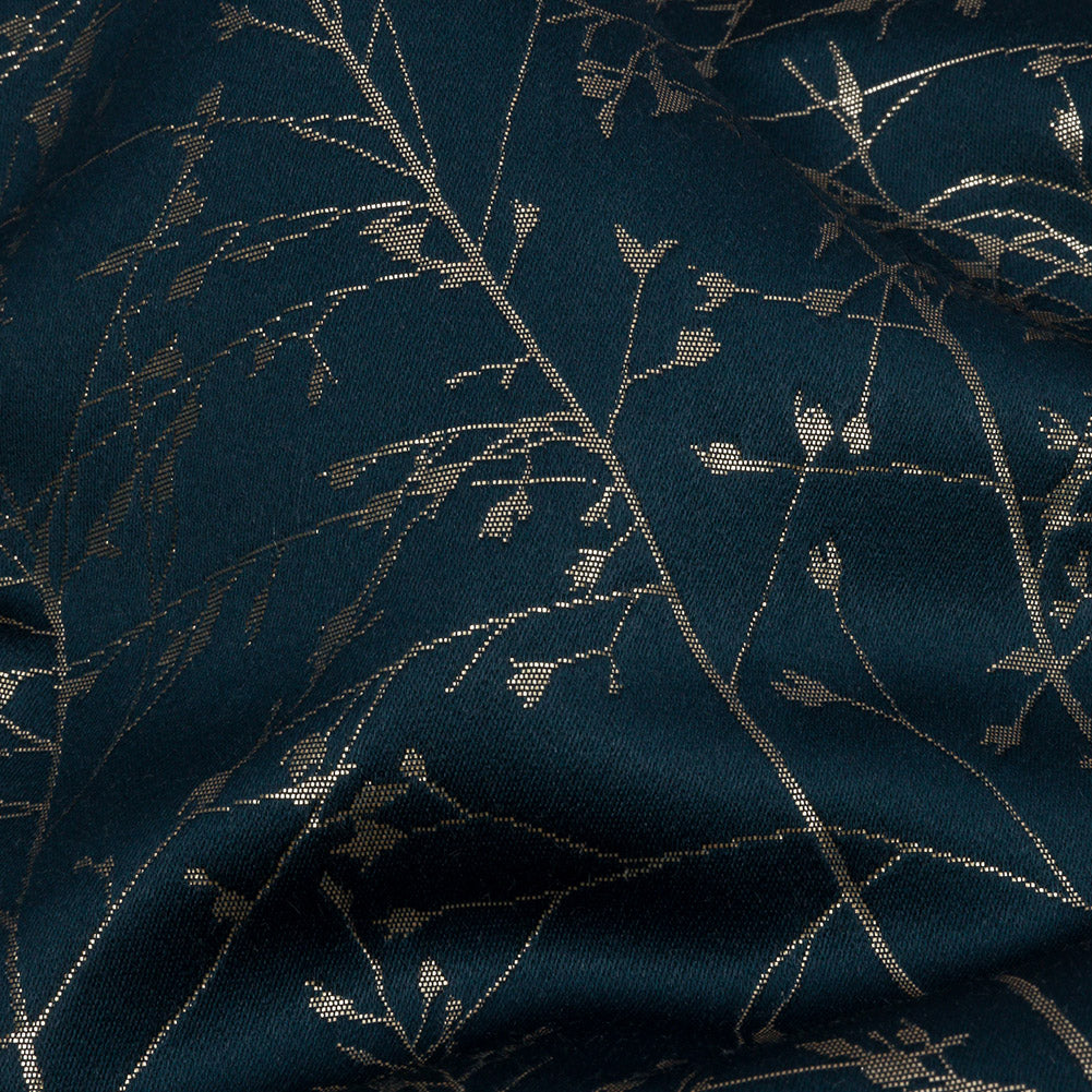 Metallic Satin-Faced Drapery Jacquard - French Navy Delicate Grasses - British Imported