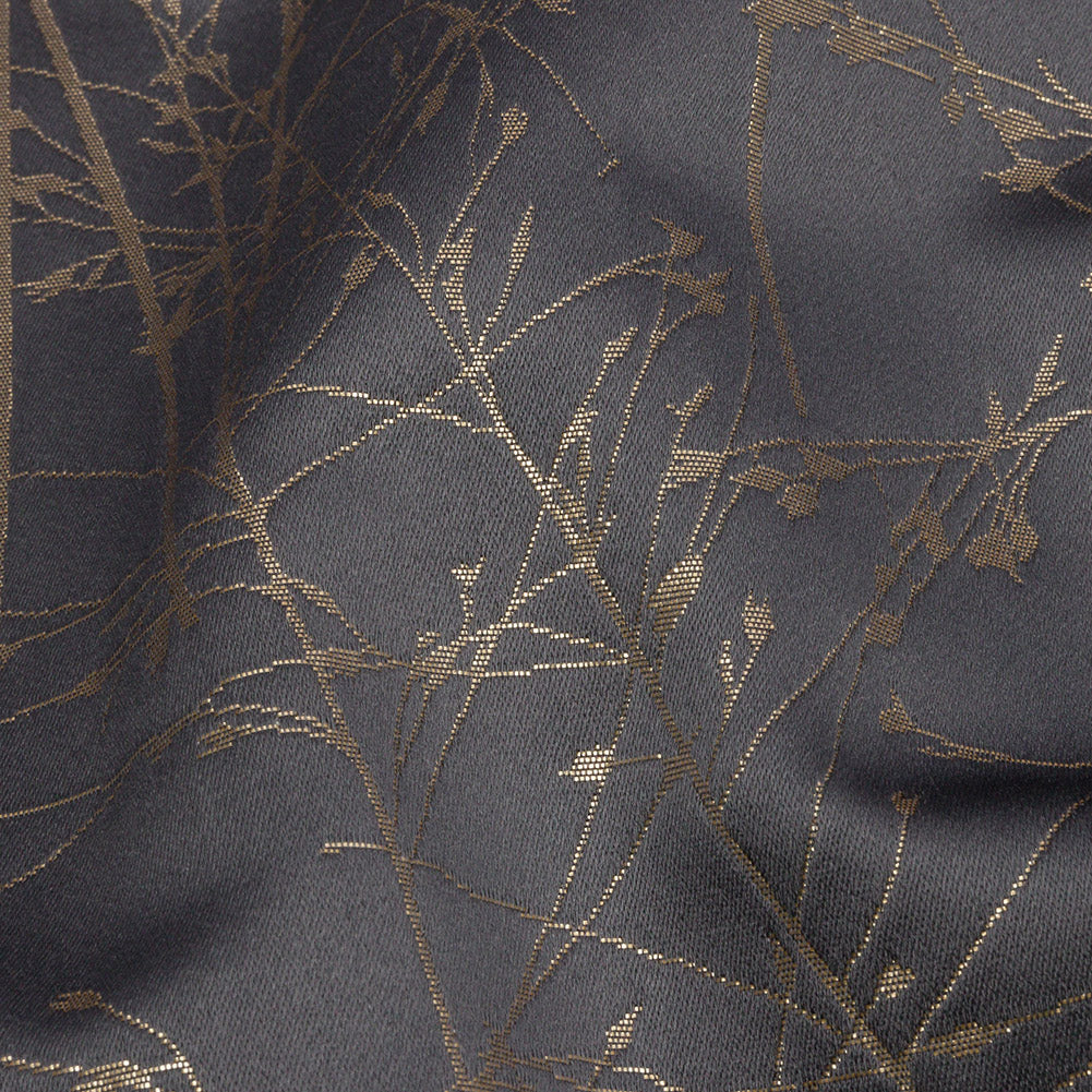 Metallic Satin-Faced Drapery Jacquard - Mole Delicate Grasses - British Imported