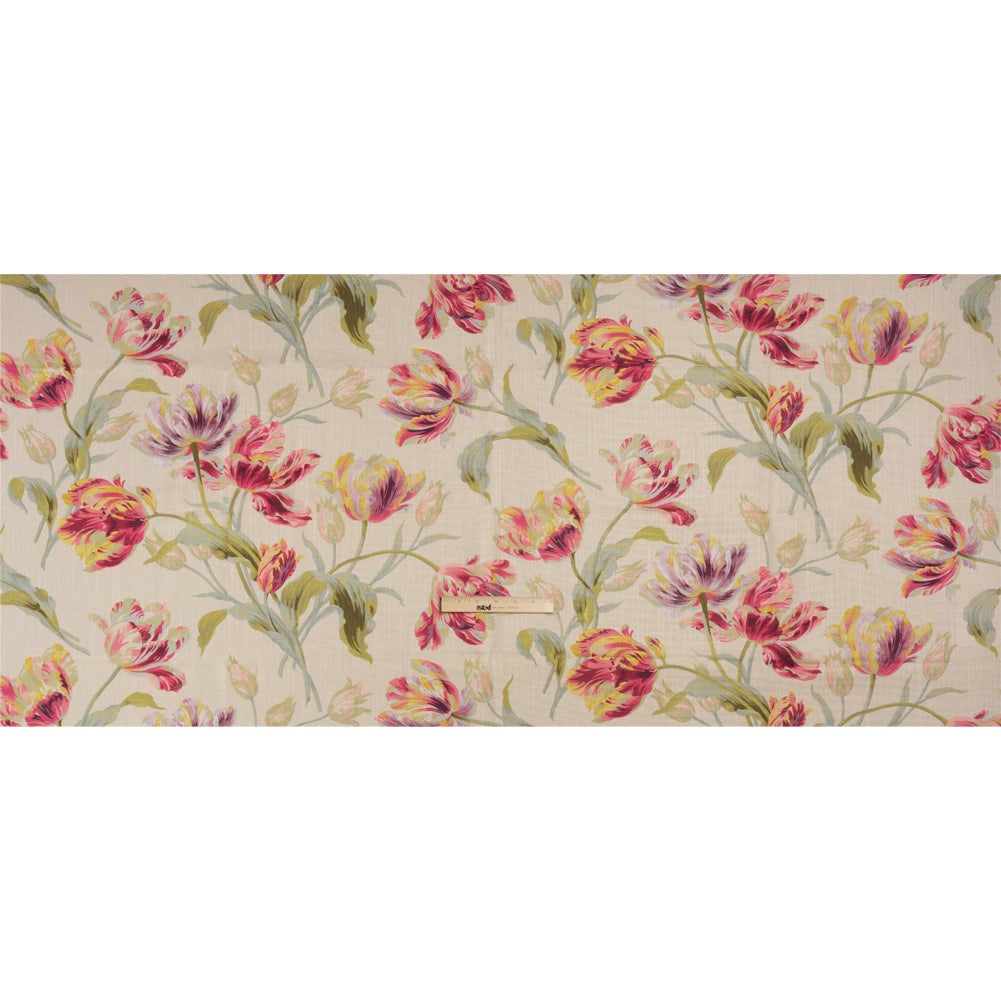 Viscose and Linen Drapery Woven Print - Cranberry Painting Flowers - British Imported