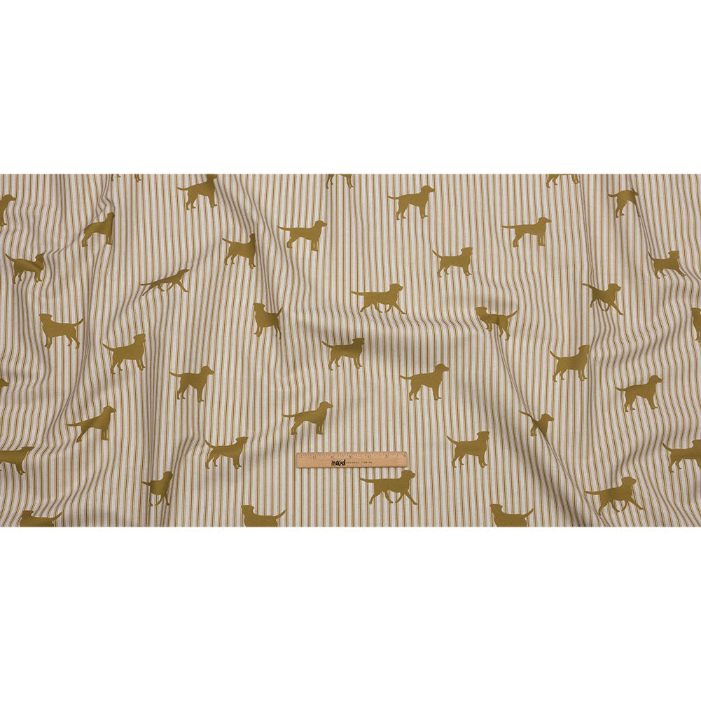 Cotton Canvas Print - Gold Dog Silhouettes and Ticking Stripes - British Imported
