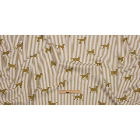 Cotton Canvas Print - Gold Dog Silhouettes and Ticking Stripes - British Imported