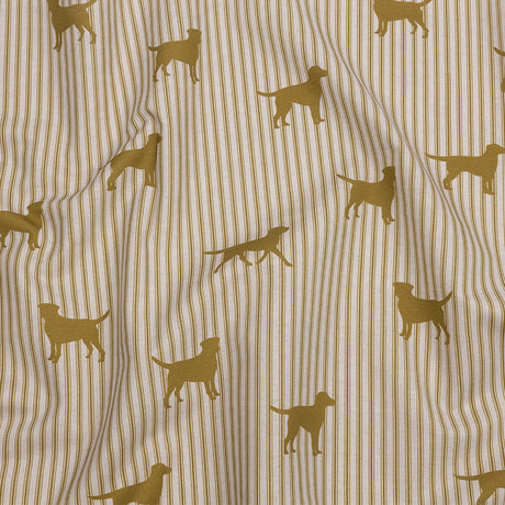 Cotton Canvas Print - Gold Dog Silhouettes and Ticking Stripes - British Imported