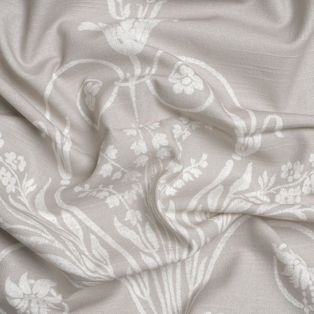 Cotton Canvas Print - Dove Grey Scrolls and Leaves - British Imported