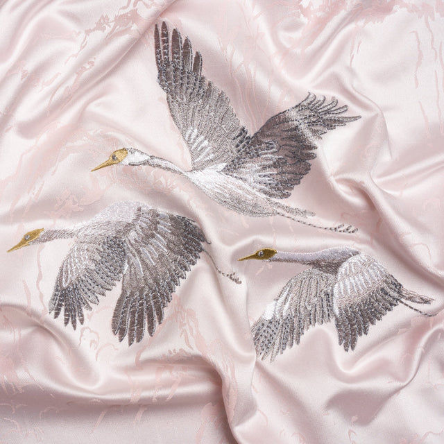 Embroidered Cotton and Polyester Drapery Jacquard - Blush Cranes in the Clouds - British Imported