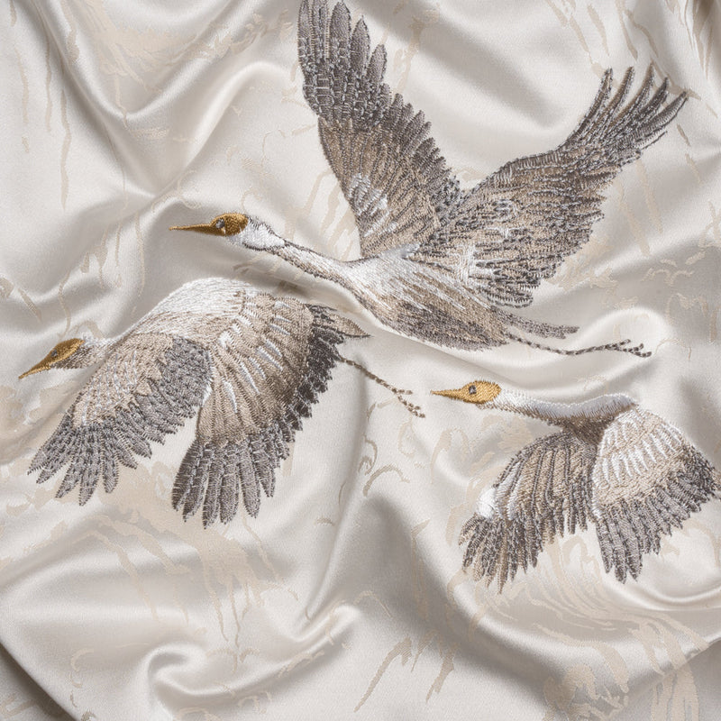 Embroidered Cotton and Polyester Drapery Jacquard - Pale Dove Cranes in the Clouds - British Imported