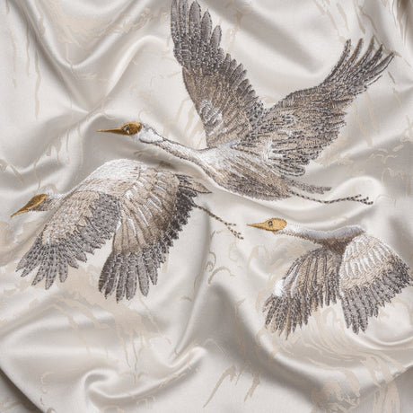 Embroidered Cotton and Polyester Drapery Jacquard - Pale Dove Cranes in the Clouds - British Imported