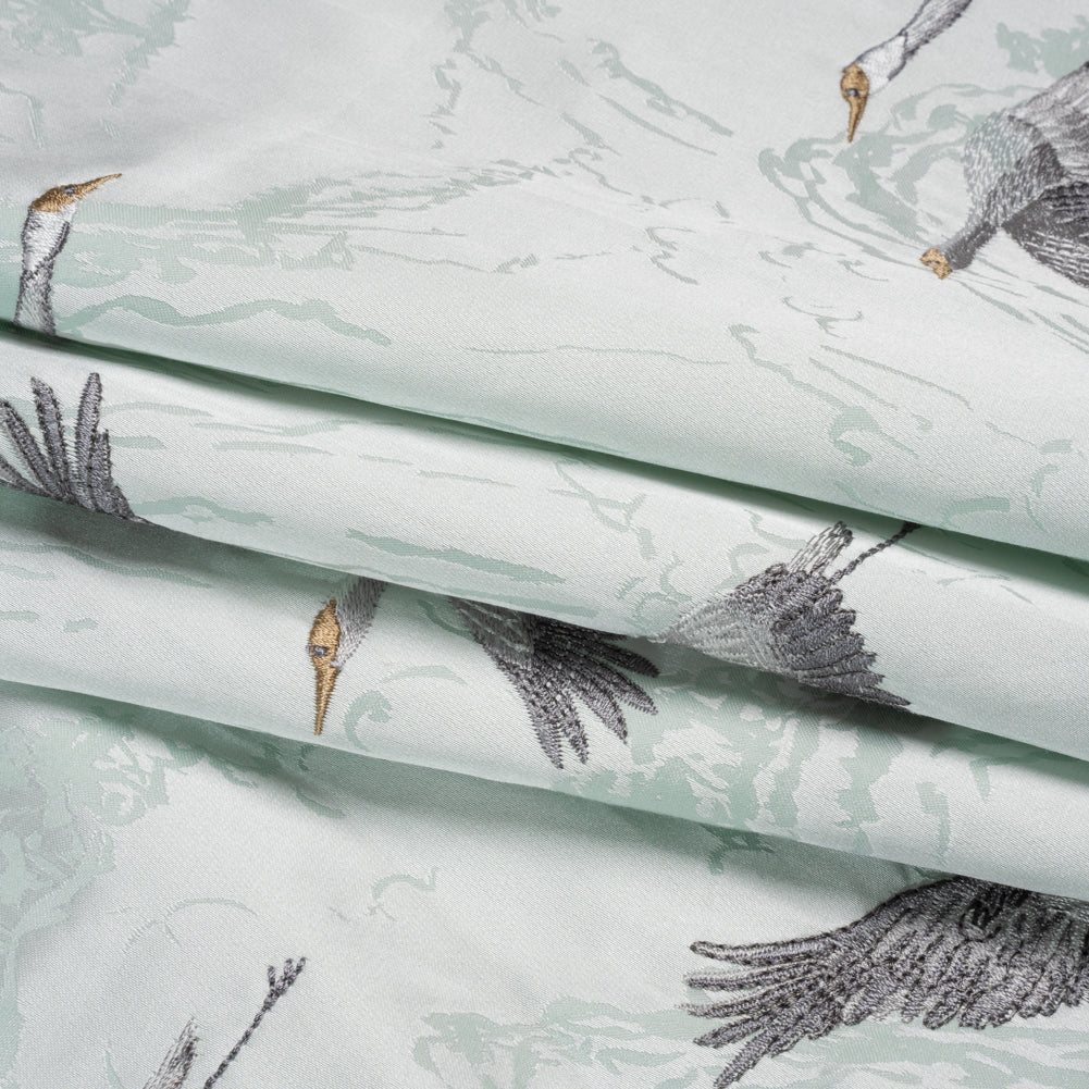 Embroidered Cotton and Polyester Drapery Jacquard - Duckegg Cranes in the Clouds - British Imported