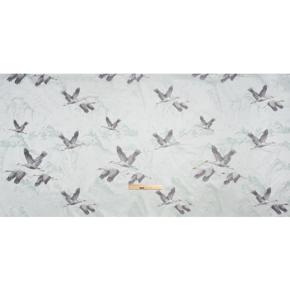 Embroidered Cotton and Polyester Drapery Jacquard - Duckegg Cranes in the Clouds - British Imported