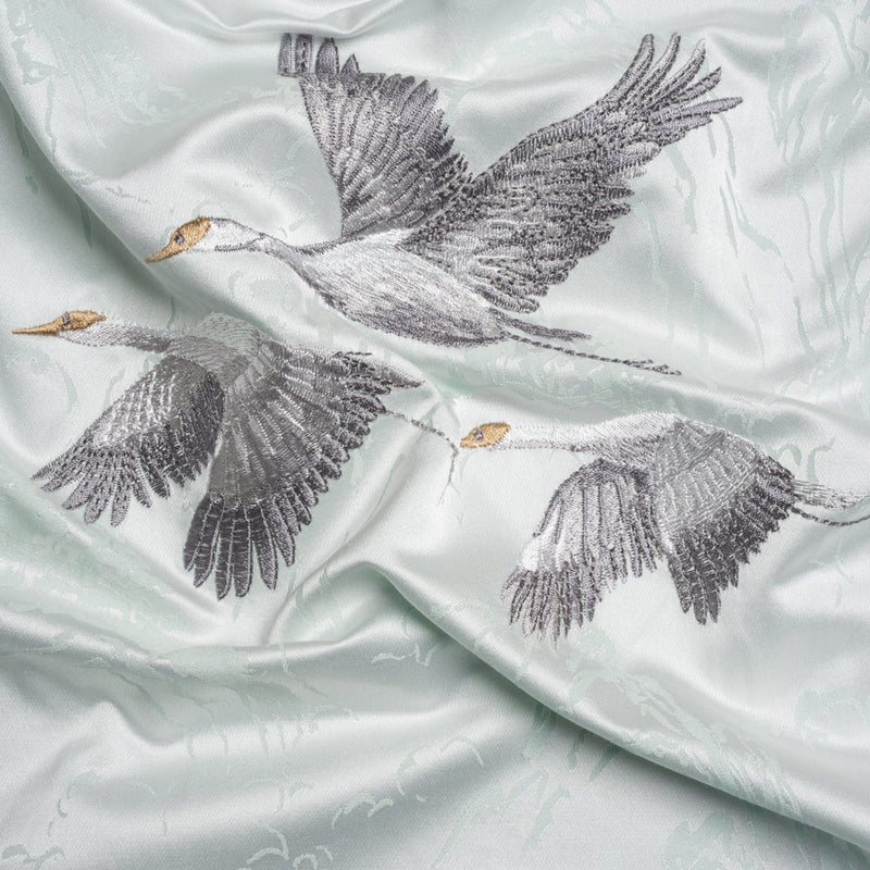 Embroidered Cotton and Polyester Drapery Jacquard - Duckegg Cranes in the Clouds - British Imported
