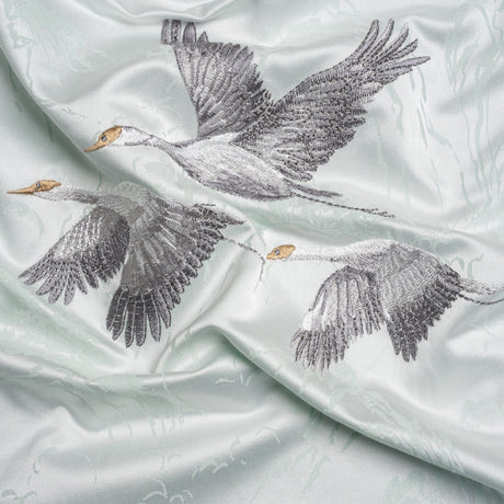 Embroidered Cotton and Polyester Drapery Jacquard - Duckegg Cranes in the Clouds - British Imported