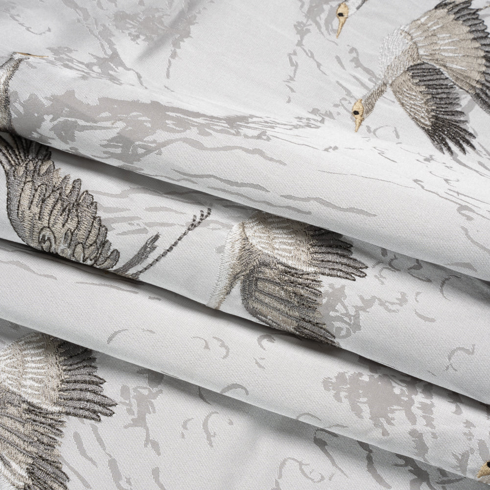 Embroidered Cotton and Polyester Drapery Jacquard - Silver Cranes in the Clouds - British Imported