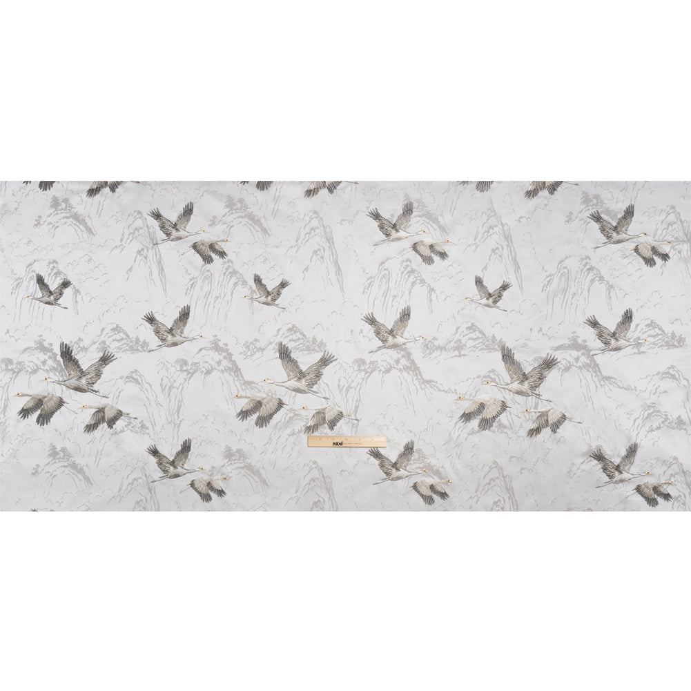 Embroidered Cotton and Polyester Drapery Jacquard - Silver Cranes in the Clouds - British Imported