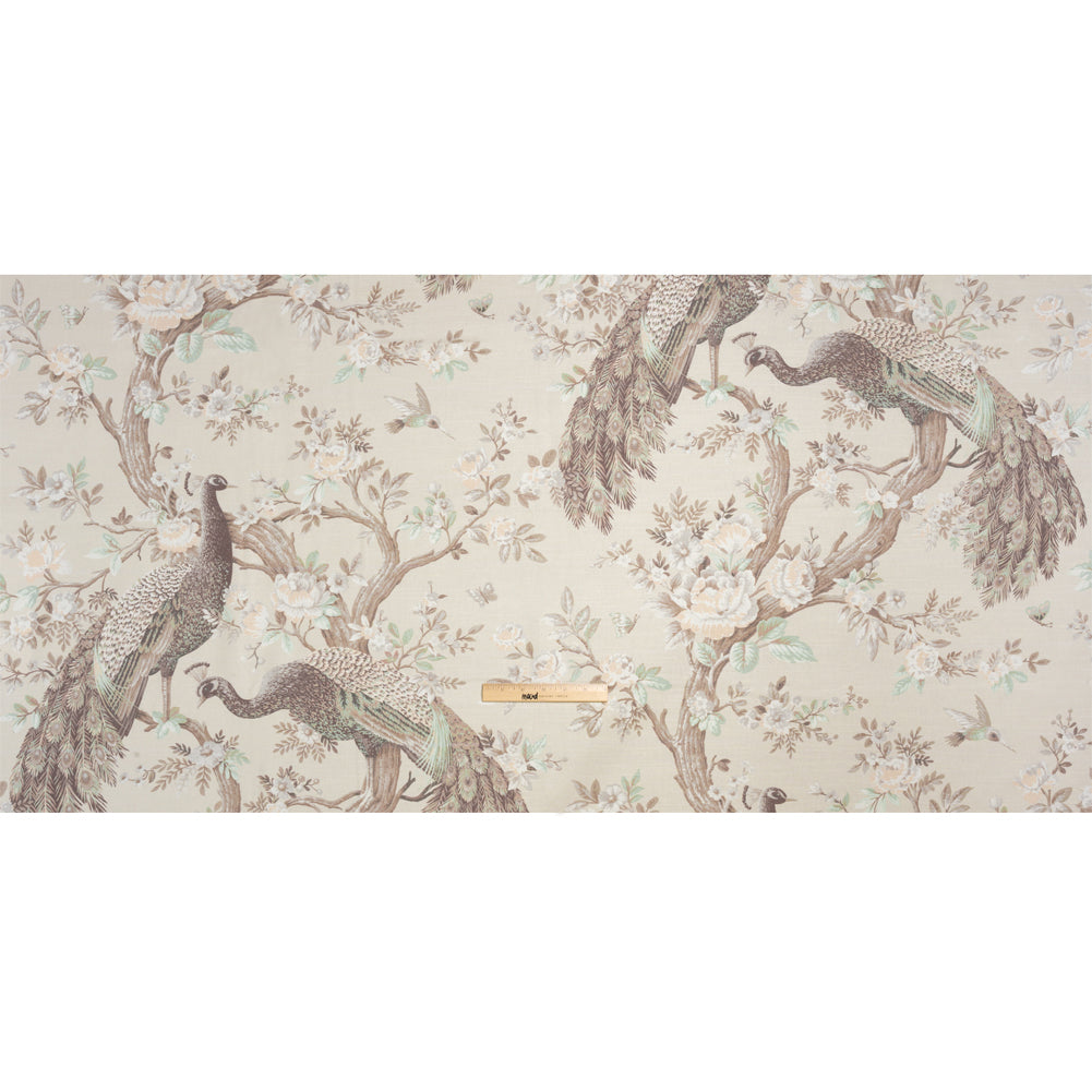 Cotton Canvas Print - Soft Truffle Peacocks in the Trees - British Imported