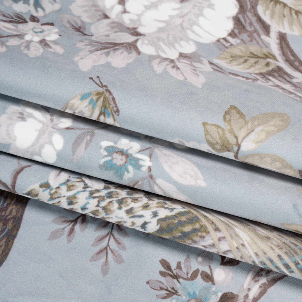 Polyester Microvelvet Print - Chalk Blue Peacocks in the Trees - British Imported
