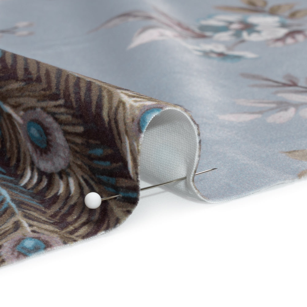 Polyester Microvelvet Print - Chalk Blue Peacocks in the Trees - British Imported