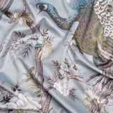 Polyester Microvelvet Print - Chalk Blue Peacocks in the Trees - British Imported