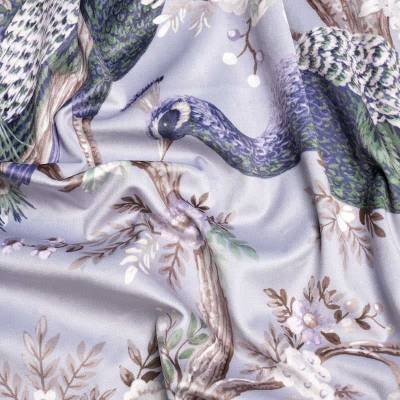 Polyester Microvelvet Print - Pale Iris Peacocks in the Trees - British Imported