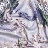 Polyester Microvelvet Print - Pale Iris Peacocks in the Trees - British Imported