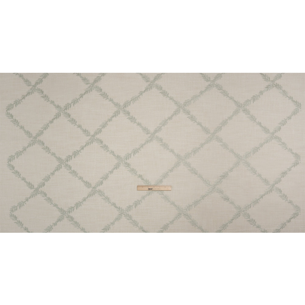Embroidered Slubbed Drapery Woven - Sage Leafy Lattice - British Imported