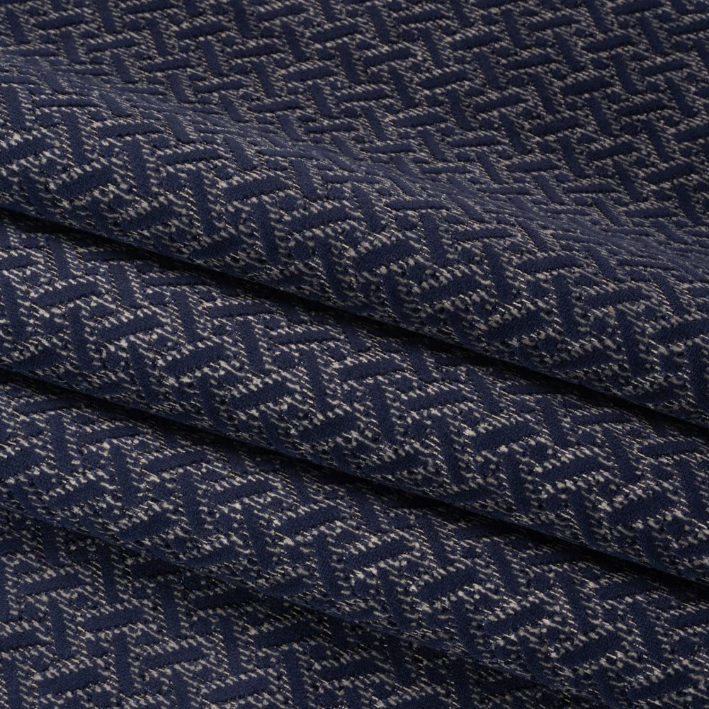 Chenille Jacquard - French Navy Geometric Basketweave - British Imported