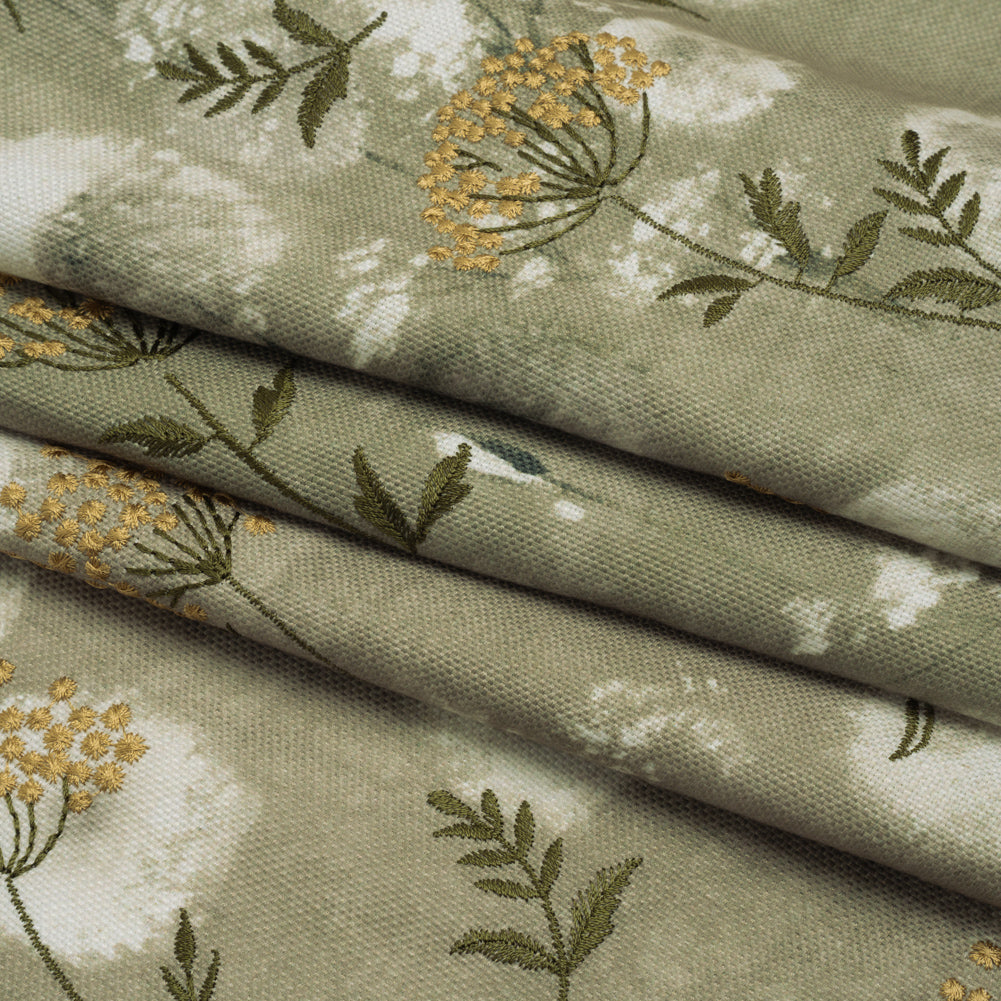 Cotton Canvas Print with Floral Embroidery - Ivy Tie Dye Spots - British Imported
