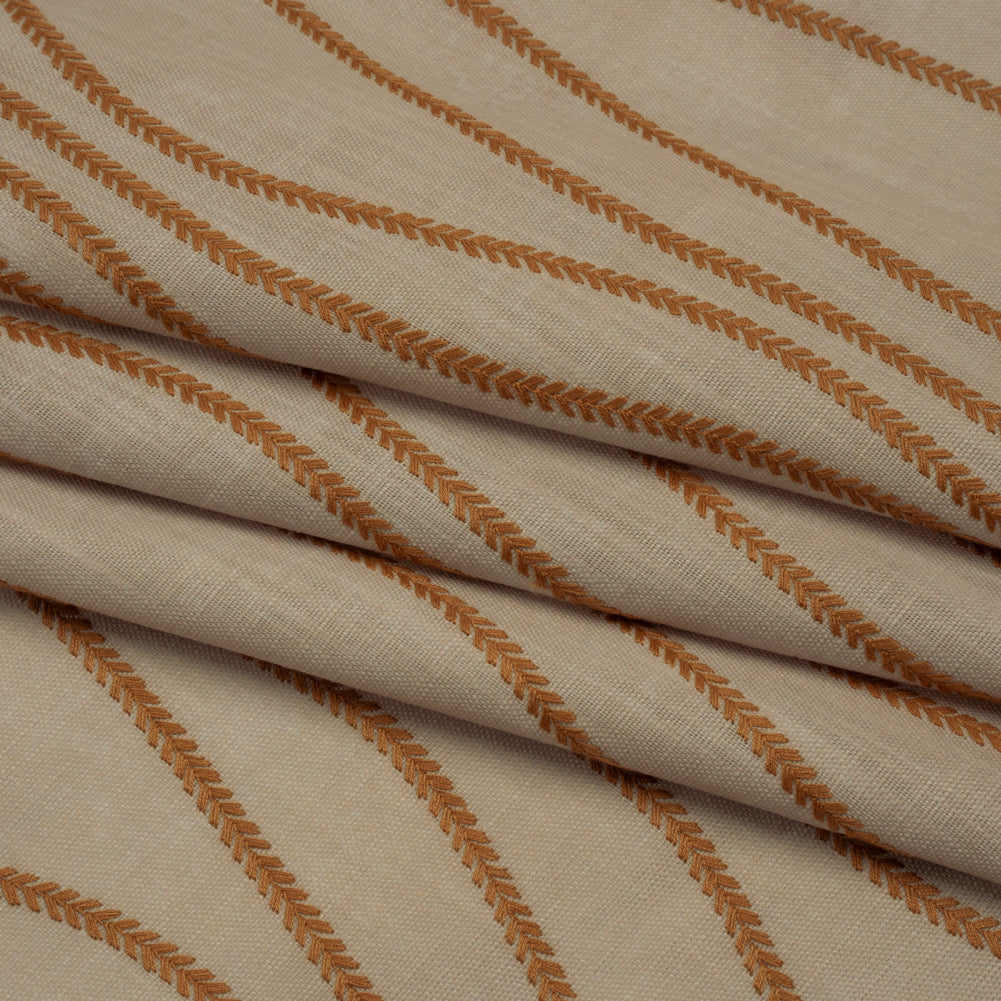 Embroidered Linen-Look Polyester Drapery Woven - Copper Leafy Wavy Lines and Watercolor Texture - British Imported