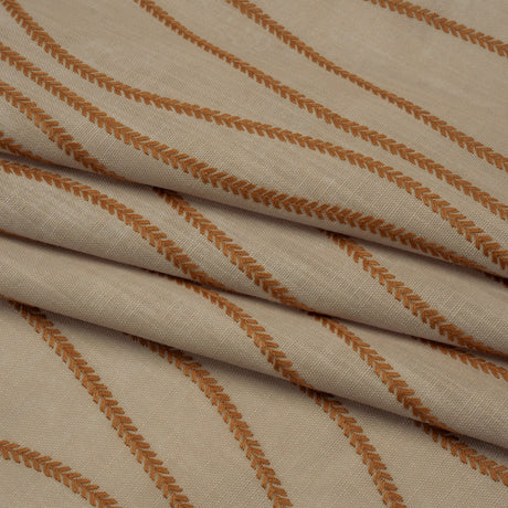 Embroidered Linen-Look Polyester Drapery Woven - Copper Leafy Wavy Lines and Watercolor Texture - British Imported