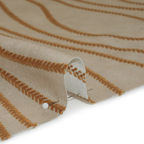 Embroidered Linen-Look Polyester Drapery Woven - Copper Leafy Wavy Lines and Watercolor Texture - British Imported