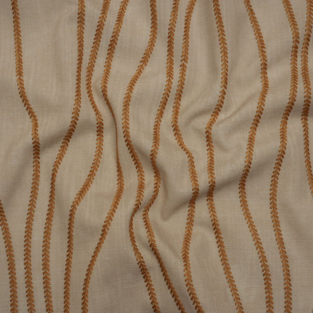 Embroidered Linen-Look Polyester Drapery Woven - Copper Leafy Wavy Lines and Watercolor Texture - British Imported