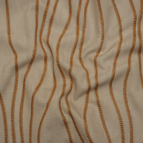 Embroidered Linen-Look Polyester Drapery Woven - Copper Leafy Wavy Lines and Watercolor Texture - British Imported