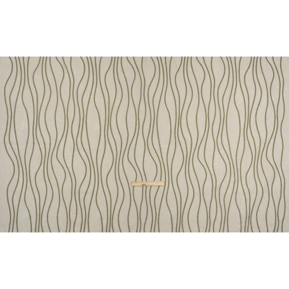 Embroidered Linen-Look Polyester Drapery Woven - Moss Leafy Wavy Lines and Watercolor Texture - British Imported