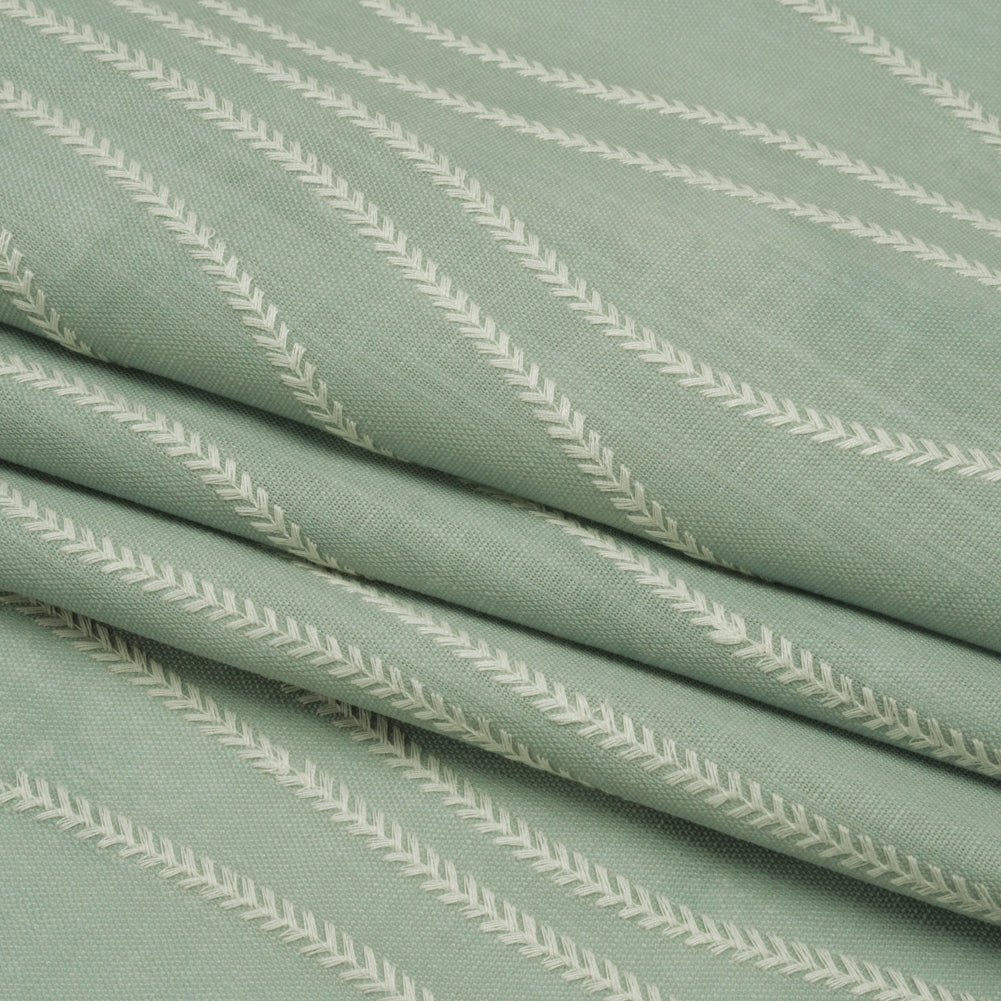 Embroidered Linen-Look Polyester Drapery Woven - Opal Leafy Wavy Lines and Watercolor Texture - British Imported