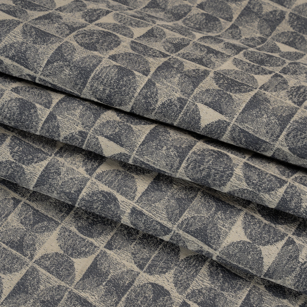 Circles and Slices Recycled Polyester and Cotton Drapery Jacquard - Denim - British Imported
