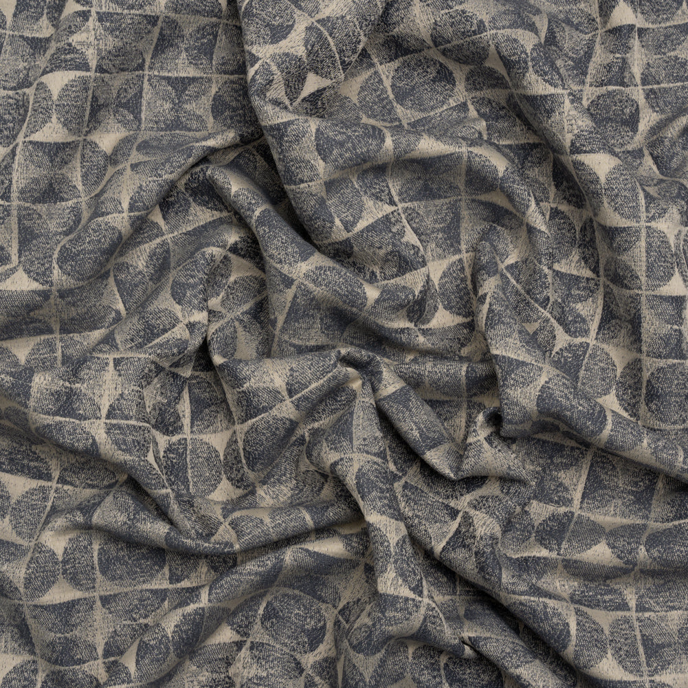 Circles and Slices Recycled Polyester and Cotton Drapery Jacquard - Denim - British Imported