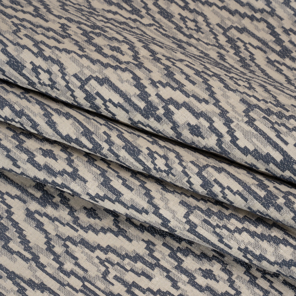 Geometric Recycled Polyester and Cotton Drapery Jacquard - Denim - British Imported