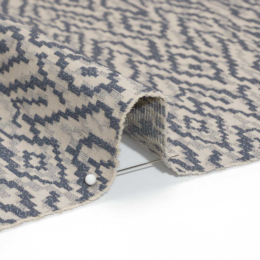 Geometric Recycled Polyester and Cotton Drapery Jacquard - Denim - British Imported