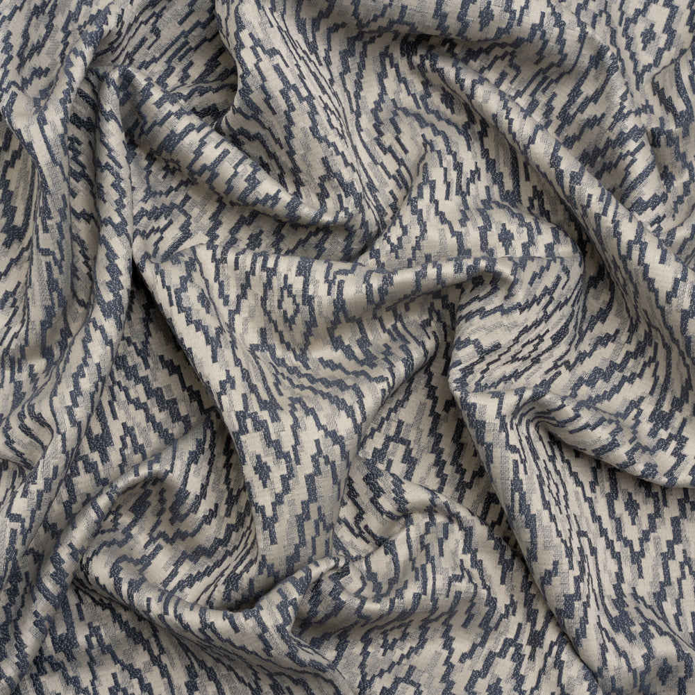Geometric Recycled Polyester and Cotton Drapery Jacquard - Denim - British Imported
