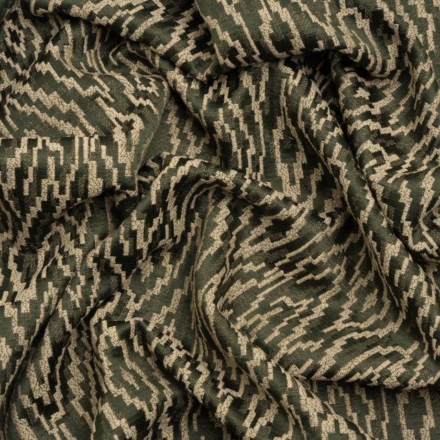 Geometric Recycled Polyester and Cotton Drapery Jacquard - Evergreen - British Imported